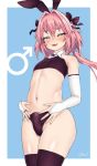  1boy animal_ears astolfo_(fate) bare_shoulders black_legwear blue_background blush bow bridal_gauntlets bunny_ears crop_top daroon5 erection erection_under_clothes fake_animal_ears fang fate/grand_order fate_(series) hair_bow hair_intakes highres long_hair male_focus multicolored_hair navel open_mouth otoko_no_ko pink_hair purple_eyes skin_fang solo streaked_hair thighhighs two-tone_background two-tone_hair white_background 