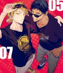  2boys a_jou aomine_daiki arm_around_shoulder belt black_shirt blonde_hair blue_footwear blue_hair brown_belt cleveland_cavaliers collarbone dark_skin dark_skinned_male dated eyewear_on_head feet_out_of_frame from_above golden_state_warriors grey_pants grin hand_in_pocket kise_ryouta kuroko_no_basuke looking_at_viewer male_focus multiple_boys pants red_background shirt shoes short_hair short_sleeves smile sunglasses tsurime yellow_eyes yellow_footwear 