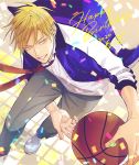  1boy a_jou bangs basketball blonde_hair blue_jacket collared_shirt confetti dated feet_out_of_frame from_above grey_pants grin hair_between_eyes happy_birthday jacket jewelry kise_ryouta kuroko_no_basuke looking_at_viewer male_focus necktie pants red_neckwear shirt shoes short_hair single_earring sleeves_rolled_up smile solo tsurime two-tone_jacket white_footwear white_jacket white_shirt yellow_eyes 