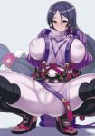  1girl armor bangs black_gloves blush bodysuit breasts covered_nipples crotch elbow_gloves fate/grand_order fate_(series) fingerless_gloves gloves japanese_armor kote large_breasts leaning_back long_hair looking_at_viewer low-tied_long_hair minamoto_no_raikou_(fate/grand_order) parted_bangs pelvic_curtain pononozo purple_bodysuit purple_eyes purple_hair ribbed_sleeves rope smile spread_legs squatting tabard tassel very_long_hair 