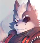  anthro canid canine canis cheek_tuft clothing eye_patch eye_scar eyebrows eyewear facial_scar facial_tuft fur grey_background grey_body grey_fur hair head_tuft hi_res jacket male mammal nintendo pun-wrry reaction_image red_eyes scar simple_background solo spikes star_fox topwear tuft video_games white_hair wolf wolf_o&#039;donnell 