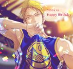  1boy a_jou arm_up bangs bare_shoulders basketball_jersey basketball_uniform blonde_hair blue_shirt closed_mouth confetti dated ear_piercing golden_state_warriors happy_birthday kise_ryouta kuroko_no_basuke male_focus piercing shirt short_hair sleeveless sleeveless_shirt smile solo sportswear tsurime upper_body yellow_eyes 