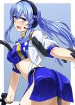  1girl akito_(sub707) alternate_costume blue_background blue_eyes blue_hair blue_skirt blush commentary_request eel gotland_(kantai_collection) hair_between_eyes headset highres kantai_collection long_hair looking_at_viewer midriff mole mole_under_eye official_alternate_costume open_mouth ponytail race_queen sidelocks simple_background skirt solo 