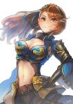  1girl absurdres armor beatrix_(granblue_fantasy) belt blush breasts brown_hair cleavage granblue_fantasy green_eyes hair_ornament hair_ribbon hand_on_hip highres large_breasts long_hair looking_at_viewer midriff navel ponytail ribbon shoulder_armor signature smile solo upper_body user_rgcy7854 