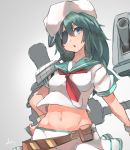  1girl belt cowboy_shot eyepatch green_eyes green_hair green_sailor_collar grey_background hat highres kantai_collection kiso_(kantai_collection) machinery medium_hair midriff neckerchief open_mouth red_neckwear sailor_collar sailor_hat school_uniform serafuku simple_background skirt solo sunday_aki white_headwear white_skirt 