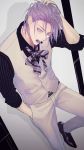  1boy a_jou arm_up bangs black_footwear black_shirt candy collared_shirt dress_shirt feet_out_of_frame food formal hair_between_eyes hand_in_pocket highres kuroko_no_basuke leg_up lollipop looking_at_viewer male_focus murasakibara_atsushi necktie open_mouth pants purple_eyes purple_hair purple_neckwear shirt shoes short_hair sleeves_rolled_up solo teeth_hold vest white_background white_pants white_vest 