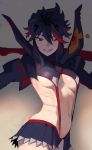  1girl black_hair blue_eyes blush breasts grey_background hair_between_eyes hirundo_rustica kill_la_kill looking_at_viewer matoi_ryuuko medium_breasts multicolored_hair navel one_eye_closed red_hair ribs senketsu short_hair skirt smile solo streaked_hair underboob 