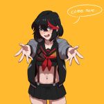  1girl bell black_hair black_skirt blue_eyes blush cowboy_shot grey_jacket hair_bell hair_ornament hirundo_rustica jacket kill_la_kill matoi_ryuuko multicolored_hair my_little_pogchamp_(meme) navel red_hair round_teeth school_uniform senketsu serafuku short_hair skirt solo streaked_hair suspenders teeth thighs yellow_background 