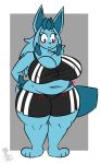  2020 3_toes absurd_res aliasing anthro belly big_breasts biped black_nose blue_hair blush border bottomwear breasts cleavage clothed clothing crop_top curvy_figure digital_media_(artwork) eeveelution embarrassed eyelashes female front_view glaceon gwen_(kingretrokirby) hair hand_on_hip hand_on_stomach hi_res hungry kingretrokirby long_hair looking_down midriff navel nintendo nipple_outline overweight overweight_anthro overweight_female pok&eacute;mon pok&eacute;mon_(species) pok&eacute;morph red_eyes rumbling_stomach shirt shorts signature slightly_chubby solo standing tank_top thick_thighs toes topwear video_games voluptuous white_border wide_hips 