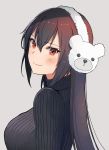  1girl bear_hair_ornament black_hair black_sweater blush breasts brown_eyes closed_mouth earmuffs eyebrows_visible_through_hair from_side grey_background hair_between_eyes hair_ornament kantai_collection kasumi_(skchkko) large_breasts long_hair looking_at_viewer looking_to_the_side nagato_(kantai_collection) ribbed_sweater simple_background smile solo sweater tight tsurime turtleneck turtleneck_sweater upper_body 