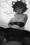  anthro areola breasts dialogue english_text felid feline feliscede female hair looking_at_viewer mammal monochrome nipple_slip nipples sketch solo text 