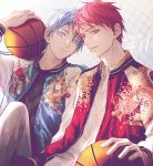  2boys a_jou akashi_seijuurou ball bangs basketball black_shirt blue_eyes blue_hair blue_jacket closed_mouth collared_shirt dated grey_pants hair_between_eyes holding holding_ball jacket knee_up kuroko_no_basuke kuroko_tetsuya light_smile looking_at_viewer male_focus multiple_boys pants red_eyes red_hair red_jacket shirt short_hair sitting smile two-tone_jacket upper_body white_jacket white_shirt 