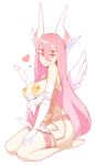  1girl barefoot blush breasts bright_pupils chi_(fernybee) elbow_gloves extra_eyes feathers full_body garter_belt gloves hair_between_eyes halphelt heart heart-shaped_pupils highres horns large_breasts long_hair looking_at_viewer original parted_lips pasties pink_hair red_eyes seiza simple_background sitting smile solo symbol-shaped_pupils white_background white_gloves white_pupils white_wings wings 