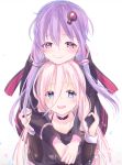 2girls absurdres arms_around_neck black_jacket black_shirt blue_eyes bracelet commentary hair_ornament hair_tubes hands_on_another&#039;s_arm head_on_head highres hood hooded_jacket hug hug_from_behind ia_(vocaloid) jacket jewelry long_hair looking_at_viewer multiple_girls open_mouth pink_hair purple_eyes purple_hair shirt sidelocks smile tsukizuumi vocaloid white_background yuzuki_yukari 