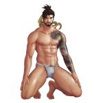  1boy abs bara beard black_hair bulge expressionless facial_hair full_body fundoshi hanzo_(overwatch) highres japanese_clothes kneeling leg_hair looking_at_viewer male_focus male_pubic_hair mo_si_(z1216150815) muscle navel navel_hair nipples overwatch pectorals ponytail pubic_hair short_hair shoulder_tattoo solo tattoo thick_thighs thighs underwear underwear_only white_background 