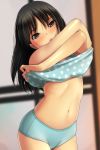  1girl absurdres bangs bare_arms bare_shoulders black_hair blue_panties blue_shirt blurry blurry_background blush brown_eyes cowboy_shot depth_of_field eyebrows_visible_through_hair hair_between_eyes head_tilt highres indoors long_hair looking_at_viewer matsunaga_kouyou navel nose_blush original panties parted_lips polka_dot polka_dot_shirt shirt shirt_lift sleeveless sleeveless_shirt solo standing underwear undressing upper_teeth 