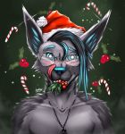  2020 absurd_res anthro blue_eyes blue_hair blush candy candy_cane canid canine canis cherry christmas christmas_clothing christmas_headwear clothed clothing dessert digital_media_(artwork) digital_painting_(artwork) eyewear food fruit fur glasses grey_body grey_fur hair hat headgear headwear hi_res holidays light_gray_fur light_grey_body looking_at_viewer male mammal plant portrait santa_hat simple_background smile solo teeth topless wolf zen_(zenfry) zenfry 