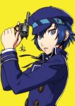  1girl androgynous belt belt_buckle blue_eyes blue_hair blue_jacket buckle buttons cabbie_hat closed_mouth commentary english_commentary eyebrows_visible_through_hair gun hair_between_eyes handgun hat highres holding holding_gun holding_weapon jacket lips looking_at_viewer persona persona_4 polaritypus reverse_trap shirogane_naoto short_hair signature simple_background solo upper_body weapon yellow_background 