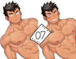  1boy abs bara black_hair blush completely_nude erection gondom male_focus muscle navel nipples nude original pectorals penis reward_available short_hair simple_background smile upper_body white_background 