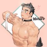  1boy animal_collar animal_ears bandage_over_one_eye bandages bara bare_pecs black_hair blush collar cropped_torso dog_boy dog_ears facial_hair gondom green_eyes highres male_focus muscle nipples original pectorals sexually_suggestive short_hair sideburns sketch solo 