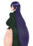  1girl absurdres ass breasts dress fate_(series) fraankyy from_behind green_dress highres large_breasts long_hair looking_at_viewer minamoto_no_raikou_(fate/grand_order) purple_eyes purple_hair simple_background standing thick_thighs thighs white_background wide_hips 
