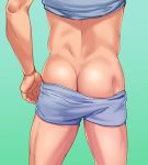  1boy aqua_shirt aqua_shorts ass ass_focus bara bare_back butt_crack close-up green_background highres lower_body male_focus original shirt shorts simple_background solo thick_thighs thighs undressing 