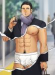  1boy :o abs bara bare_pecs black_coat black_hair blurry blurry_background body_hair boxers breath bulge can coat facial_hair flaccid hairy holding holding_can leg_hair male_focus muscle navel navel_hair nipples ohutongoro original pectorals purple_scarf red_nose revealing_layer reward_available scarf short_hair sideburns solo stomach stubble thick_thighs thighs underwear white_male_underwear winter_clothes 