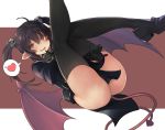  1girl ahoge ass belt between_legs black_dress black_footwear black_gloves black_hair black_legwear check_copyright copyright_request demon_girl demon_tail demon_wings dress fang gloves hair_ornament heart highres itou_ryuusei juliet_sleeves legs_up loafers long_hair long_sleeves looking_at_viewer open_mouth original pelvic_curtain pointy_ears puffy_sleeves red_eyes shoes short_dress sidelocks skull_hair_ornament smile solo spoken_heart tail thighhighs thighs twintails wings 