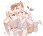  2boys animal_ear_fluff animal_ears blonde_hair bouquet bow bowtie bulge cowboy_shot creature dog_boy dog_ears dog_tail flower formal gondom highres holding_hands husband_and_husband interlocked_fingers male_focus multiple_boys original pants petals short_hair sideburns spiked_hair suit tail thick_eyebrows wedding white_pants white_suit yaoi yellow_eyes 