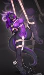  2020 4_toes anthro areola breasts digital_media_(artwork) eyebrows eyelashes female hair hi_res horn looking_at_viewer moddish nipples non-mammal_breasts purple_eyes purple_hair rope solo toes 