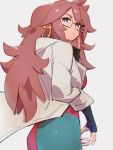  1girl android_21 blue_eyes checkered checkered_dress commentary_request dragon_ball dragon_ball_fighterz dress earrings from_behind glasses hoop_earrings jewelry kemachiku labcoat long_hair looking_at_viewer red_hair 