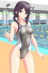  1girl absurdres ariake_(kantai_collection) black_eyes black_hair breasts competition_swimsuit contrapposto cowboy_shot gradient_hair grey_swimsuit highleg highleg_swimsuit highres kantai_collection logo long_hair medium_breasts megaphone multicolored_hair one-piece_swimsuit orange_hair outdoors pool purple_hair reward_available smile solo speedo_(company) string_of_flags swimsuit takafumi two-tone_swimsuit 