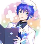  1boy beret blue_eyes blue_hair blue_shirt book commentary countdown flower formal fuzichoco gloves hat highres holding holding_book kaito looking_at_viewer magical_mirai_(vocaloid) male_focus open_book open_clothes shirt signature smile solo suit upper_body vocaloid white_gloves white_headwear white_suit 