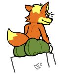  2020 anthro bottomwear butt canid canine clothed clothing digital_drawing_(artwork) digital_media_(artwork) fox fox_mccloud fur gloves handwear male mammal metrictonof_(artist) nintendo orange_body orange_fur pants partially_clothed rear_view simple_background sitting solo star_fox topless topless_male video_games 
