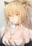  1girl absurdres animal_ear_fluff animal_ears arknights bangs bare_shoulders black_choker black_jacket blonde_hair breasts choker cleavage collarbone commentary_request cup drinking_straw eyebrows_visible_through_hair fanshu fur-trimmed_jacket fur_trim grey_background hair_between_eyes highres jacket lion_ears long_hair looking_at_viewer medium_breasts off_shoulder siege_(arknights) simple_background smile solo tank_top upper_body white_tank_top yellow_eyes 