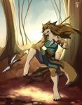  2020 4_toes 5_fingers absurd_res anthro breasts brown_hair canid canine canis clothed clothing day detailed_background digital_media_(artwork) eyebrows eyelashes female fingers firetally forest hair hi_res mammal outside plant toes tree wolf 
