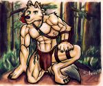 anthro arctic_wolf arrow bottomwear canid canine canis clothing forest hi_res hunting loincloth male mammal muscular muscular_anthro muscular_male painting_(artwork) plant quiver silver_narrukka silverferak solo tracking traditional_media_(artwork) tree tribal watercolor_(artwork) wilderness wolf 