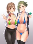  2girls absurdres areola_slip areolae bangs bikini black_legwear blue_bikini blush braid breasts brown_hair cleavage collarbone collared_shirt condom_wrapper dress_shirt folded_ponytail green_bikini green_eyes green_hair hair_over_shoulder highres idolmaster idolmaster_cinderella_girls idolmaster_shiny_colors jacket large_breasts looking_at_viewer medium_hair multiple_girls nanakusa_hazuki navel nishi_(count2.4) open_clothes open_jacket open_mouth open_shirt orange_eyes pantyhose senkawa_chihiro shirt single_braid smile swept_bangs swimsuit thighs white_shirt 