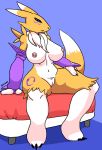  anthro bed blue_eyes breasts canid canine digimon digimon_(species) female furniture genitals mammal nipples nude pussy renamon sitting smoaer solo yellow_body 