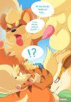  absurd_res animal_genitalia arcanine balls becoming_erect bodily_fluids canid canine comic dialogue english_text feral genital_fluids genitals group growlithe half-erect hi_res knot knot_in_sheath male male/male mammal nikkibunn nintendo nuzzling penis pok&eacute;mon pok&eacute;mon_(species) precum sheath size_difference text video_games 