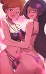  2girls aurea_juniper blue_eyes blush breasts brown_hair fennel_(pokemon) glasses green_eyes hair_ornament highres jewelry long_hair multiple_girls pokemon pokemon_(game) pokemon_bw purple_hair short_hair simple_background smile smoke underwear vivivoovoo 