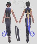  1boy arjuna_(fate/grand_order) arjuna_alter back bangs black_eyes black_footwear black_hair black_pants black_shirt character_sheet closed_mouth dark_skin dark_skinned_male fate/grand_order fate_(series) highres horns multiple_views pants red_box_(fate/grand_order) sakuramochi1003 shirt shoes short_hair shoulder_tattoo sleeveless sleeveless_shirt sneakers tail tattoo translation_request 