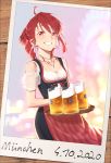  1girl absurdres ahoge alcohol apron barmaid beer beer_mug black_dress collarbone commentary cowboy_shot cup dated dress drill_hair grin highres holding holding_tray jewelry kasane_teto lips medium_hair mug necklace photo_(object) red_apron red_eyes red_hair see-through_sleeves short_sleeves smile solo splashing tray twin_drills utau yasutange 