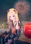  1girl abigail_williams_(fate/grand_order) aergia_c bangs bench black_bow black_kimono blonde_hair blue_eyes blurry_foreground bow candy_apple closed_mouth collarbone fate/grand_order fate_(series) fireworks floral_print food hair_bow hair_twirling highres japanese_clothes kimono long_hair looking_at_viewer multiple_hair_bows night outdoors parted_bangs pov print_kimono shiny shiny_hair sitting solo stuffed_animal stuffed_toy teddy_bear very_long_hair yellow_bow yellow_neckwear yukata 