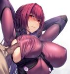  1boy 1girl arms_up blush bodysuit breasts fate/grand_order fate_(series) hair_intakes highres large_breasts long_hair lun7732 penis penis_on_upper_body purple_bodysuit purple_hair red_eyes scathach_(fate)_(all) scathach_(fate/grand_order) sweat torn_clothes very_long_hair 