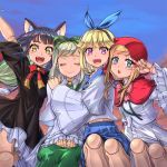  4girls :d :o ael_(kumo_desu_ga_nani_ka?) animal_ears arm_up bangs black_dress black_hair blonde_hair blouse blue_bow blue_eyes blue_ribbon blue_skirt blush bow capelet closed_eyes closed_mouth colored_inner_hair commentary_request cowboy_shot day daye_shushu doll doll_joints dress fang fiel_(kumo_desu_ga_nani_ka?) frilled_dress frilled_sleeves frills green_bow green_ribbon green_skirt hair_bow hair_ribbon hand_on_another&#039;s_shoulder hands_on_own_knees highres hood hood_up joints kumo_desu_ga_nani_ka? long_hair long_sleeves looking_at_viewer medium_hair multicolored_hair multiple_girls neck_ribbon open_mouth outdoors pleated_skirt purple_eyes red_capelet red_hood red_neckwear red_ribbon ribbon riel_(kumo_desu_ga_nani_ka?) sael_(kumo_desu_ga_nani_ka?) sailor_collar short_sleeves sidelocks silver_hair sitting skirt sky smile swept_bangs u_u v v_over_eye white_blouse white_skirt wide_sleeves wolf_ears yellow_eyes 