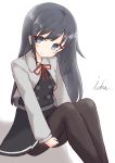  1girl absurdres artist_name asashio_(kantai_collection) bangs black_dress black_hair blue_eyes blush closed_mouth commentary_request dress eyebrows_visible_through_hair feet_out_of_frame grey_jacket head_tilt highres ichi jacket kantai_collection kneehighs long_hair looking_at_viewer neck_ribbon pinafore_dress red_ribbon remodel_(kantai_collection) ribbon signature smile solo very_long_hair white_background 