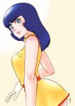 1girl aobito_sukayaka_bystander bangs beige_background blue_eyes blue_hair blush breasts dress eyebrows_behind_hair fa_yuiry from_side gloves gundam looking_at_viewer looking_down medium_breasts open_hand parted_lips solo white_dress white_gloves zeta_gundam 