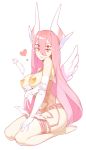  1girl absurdres barefoot blush breasts bright_pupils chi_(fernybee) elbow_gloves extra_eyes feathers full_body garter_belt gloves hair_between_eyes halphelt heart heart-shaped_pupils highres horns large_breasts long_hair looking_at_viewer original parted_lips pasties pink_hair red_eyes seiza simple_background sitting smile solo symbol-shaped_pupils white_background white_gloves white_pupils white_wings wings 