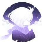  1girl bob_cut closed_eyes commentary eliza_(halphelt) english_commentary from_side halphelt jacket long_sleeves medium_hair monochrome original profile purple_theme scarf solo 